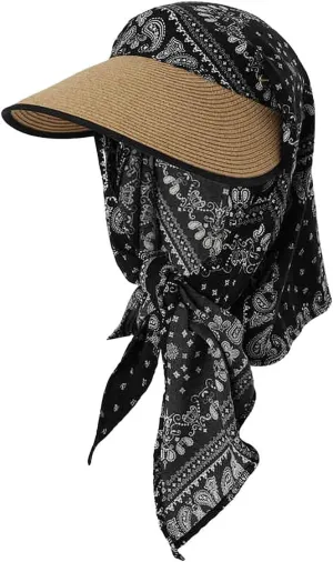 Women Sun Straw Hat Paisley Neck Shield Flap Uv Protection Visor Wide Brim Packable Roll Up Summer Outdoor Travel Beach Khaki