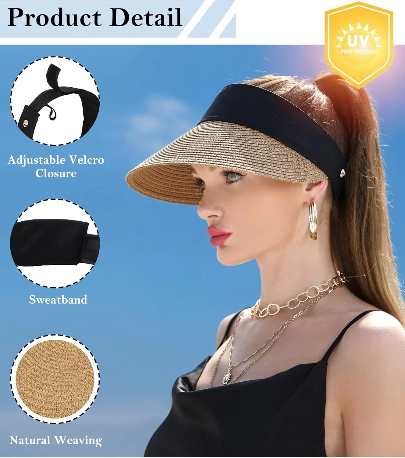 Women Wide Brim Straw Visor Sun Hat UV Protection Packable Beach Cap for Summer UPF 50 