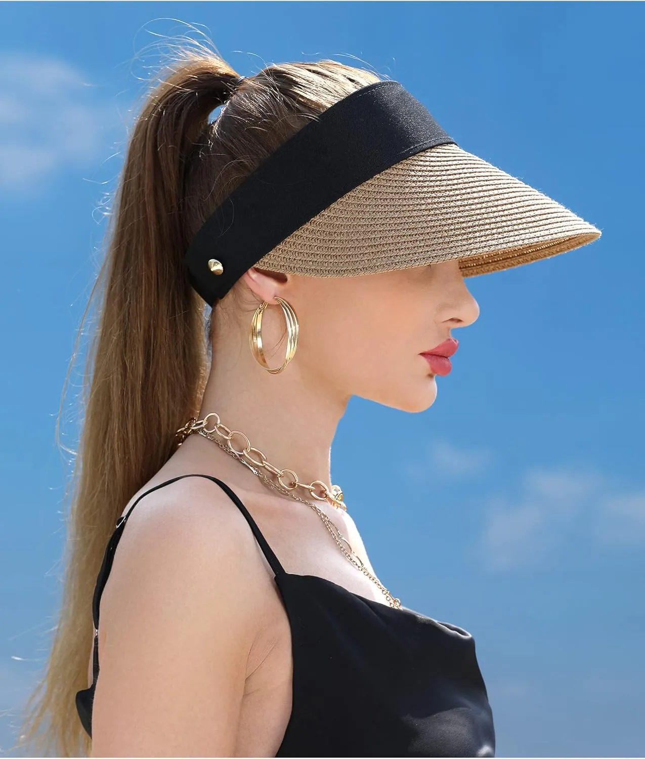 Women Wide Brim Straw Visor Sun Hat UV Protection Packable Beach Cap for Summer UPF 50 