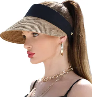 Women Wide Brim Straw Visor Sun Hat UV Protection Packable Beach Cap for Summer UPF 50 