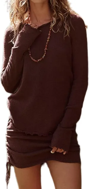 Women's 2 Piece Outfits Sweater Set Long Sleeve Knit Lettuce Hem Tops and Sides Cinch Tie Mini Skirt Lounge Sets