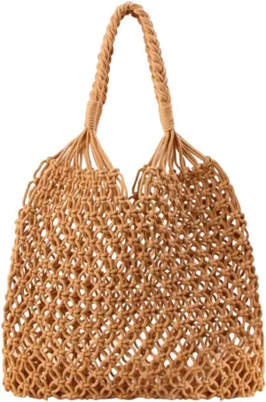 Women's Beach Straw Handbag Woven Tote Fishing Net Beach Bag Large Capacity Mesh Rope Combination Handbag