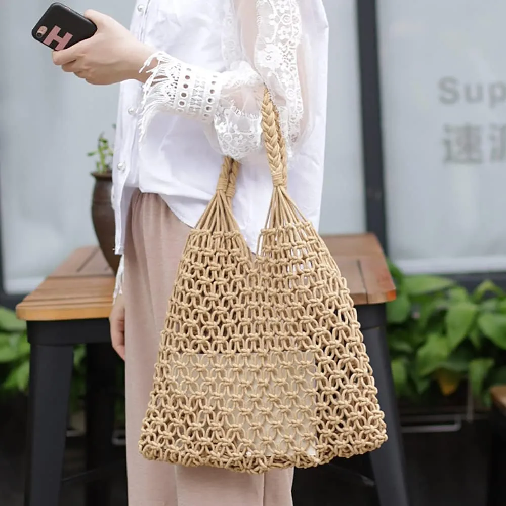 Women's Beach Straw Handbag Woven Tote Fishing Net Beach Bag Large Capacity Mesh Rope Combination Handbag