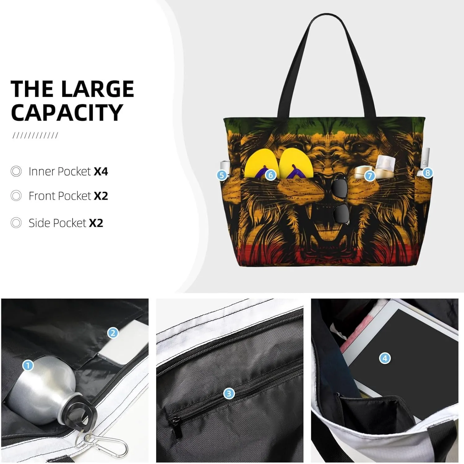 Women's Beach Travel Bags Large Waterproof Tote Bag with Pockets Sandproof Handbag for Beach Gym Vacation
