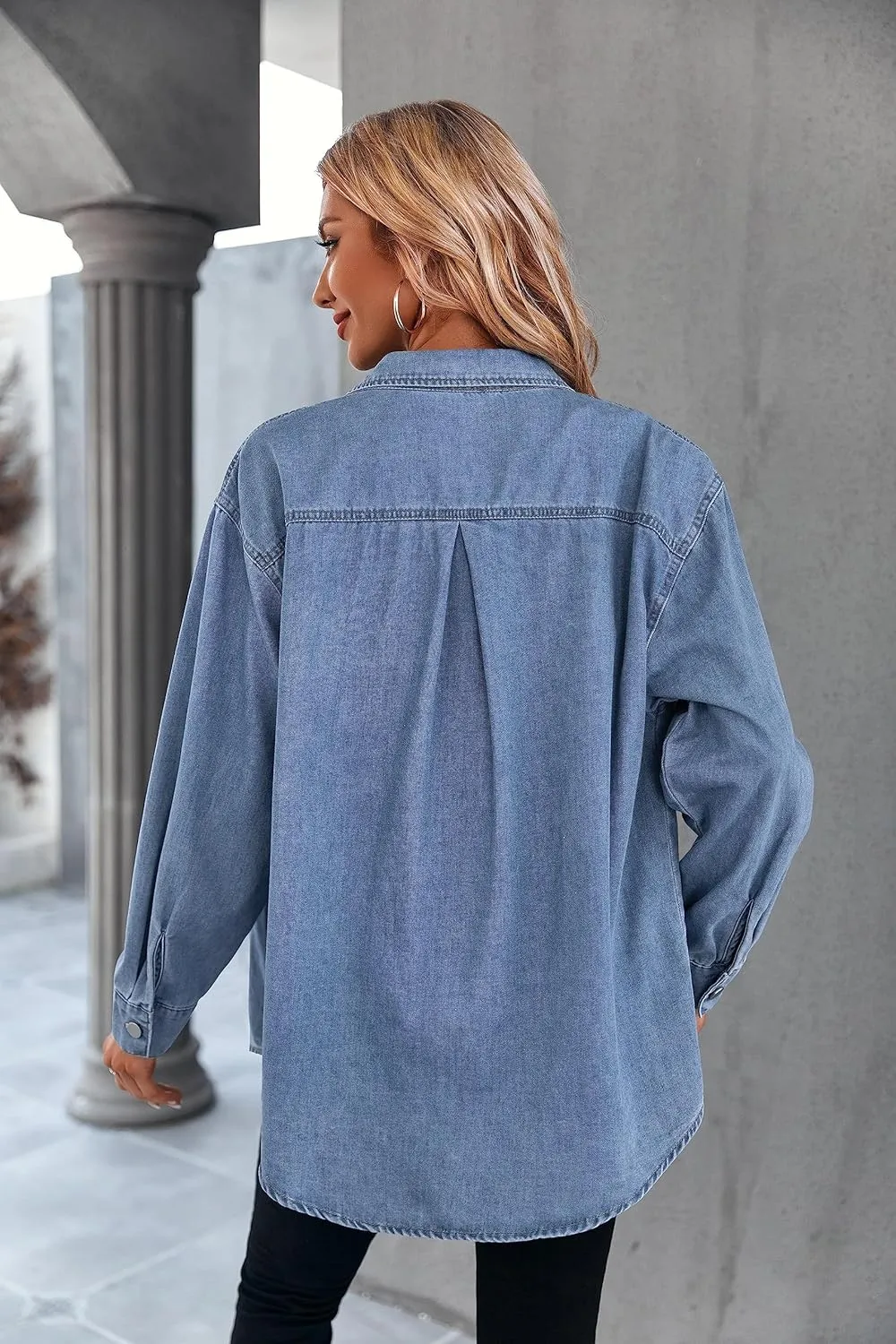 Women's Casual Button Down Denim Shirt Long Sleeve Boyfriend Oversized Jean Jacket with Pockets