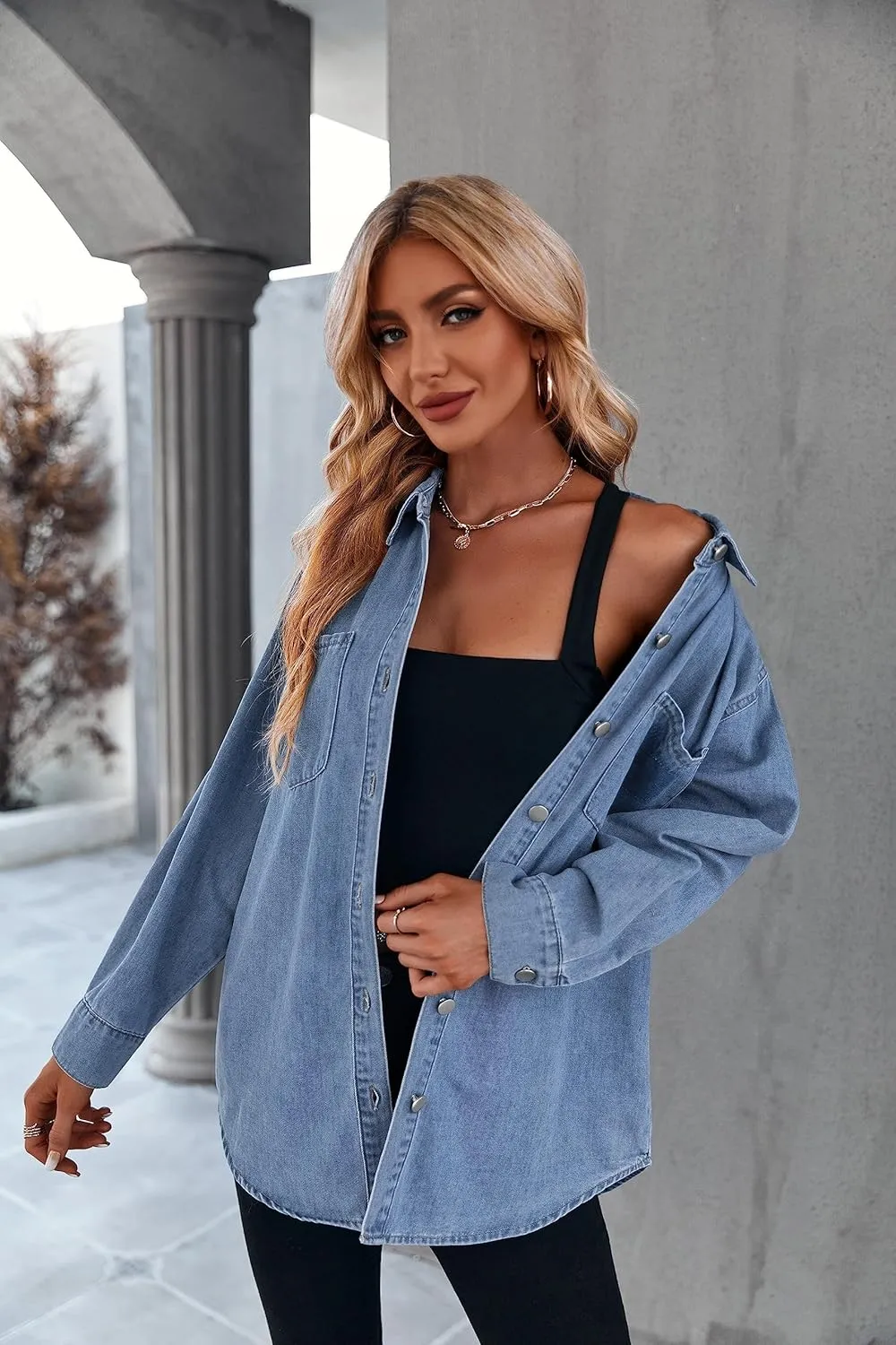 Women's Casual Button Down Denim Shirt Long Sleeve Boyfriend Oversized Jean Jacket with Pockets