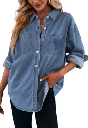 Women's Casual Button Down Denim Shirt Long Sleeve Boyfriend Oversized Jean Jacket with Pockets