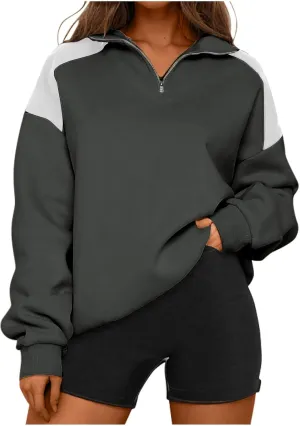 Women's Color Matching Sweatshirts Long Sleeve Hoodies Quarter Zip Fleece Pullover 2024 Fashion Casual Clothes