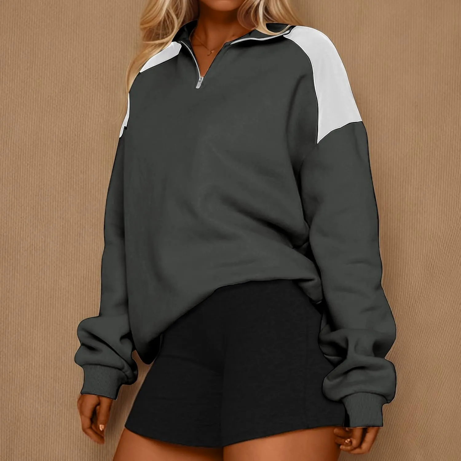 Women's Color Matching Sweatshirts Long Sleeve Hoodies Quarter Zip Fleece Pullover 2024 Fashion Casual Clothes