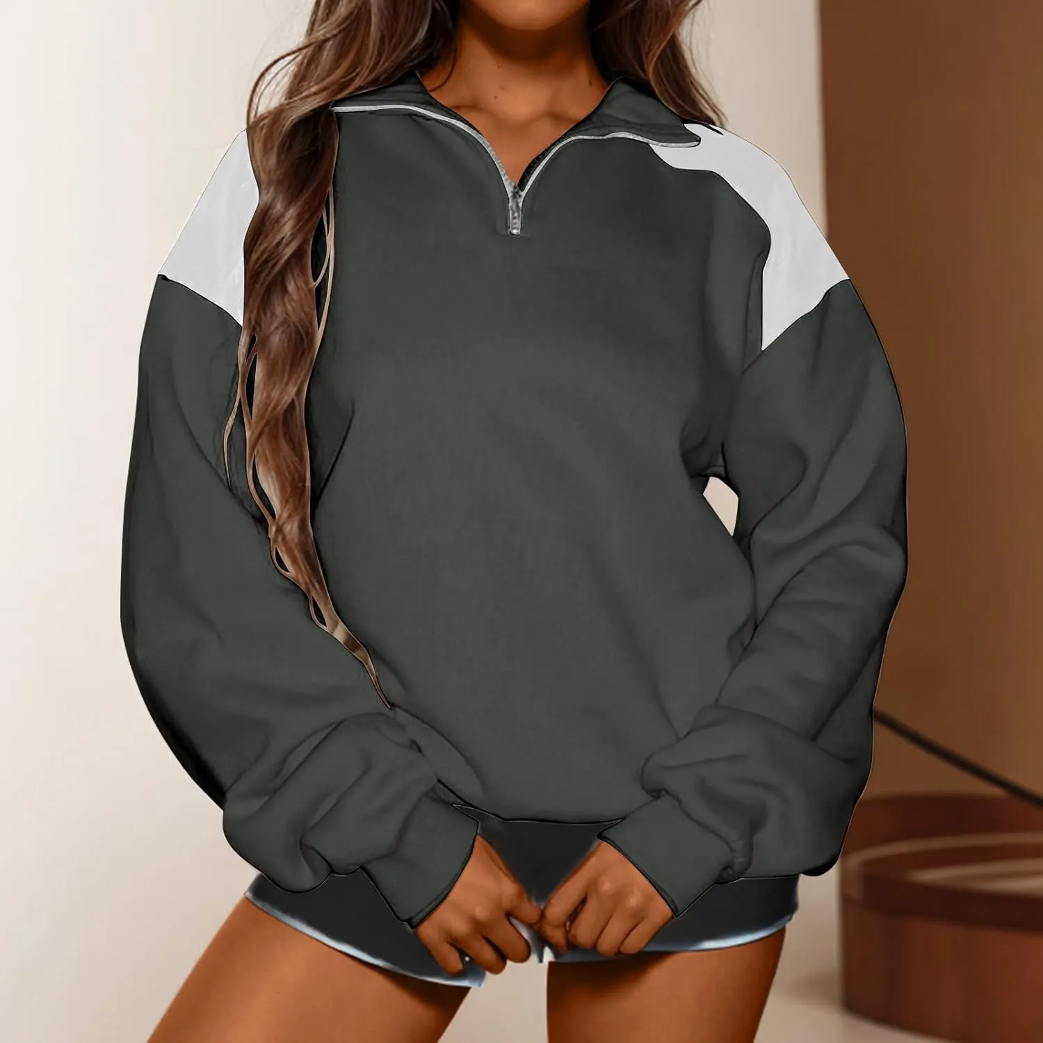 Women's Color Matching Sweatshirts Long Sleeve Hoodies Quarter Zip Fleece Pullover 2024 Fashion Casual Clothes