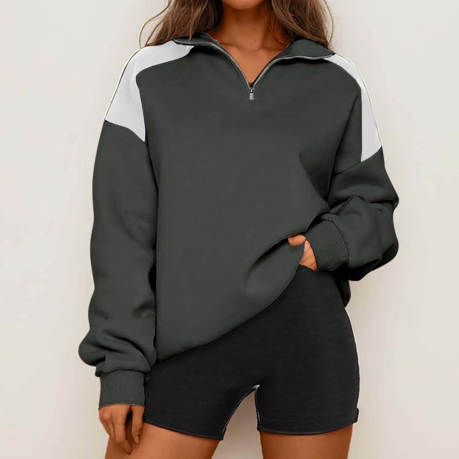 Women's Color Matching Sweatshirts Long Sleeve Hoodies Quarter Zip Fleece Pullover 2024 Fashion Casual Clothes