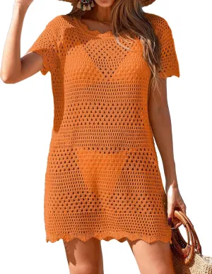 Womens Crochet Knit Swimsuit Coverup Beach Dress Summer 2025 Boat Neck Cap Sleeve Wave Trim Bathing Suit Cover Up
