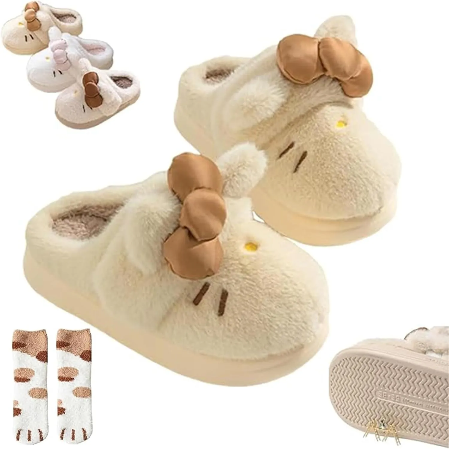 Women's Cute Cartoon Embroidery Bow Decor Plush Slippers, Adorable Fuzzy Cozy Cat Plush Slipper, Winter Warm Soft Cozy Fuzzy Indoor Thick Cotton Slippers