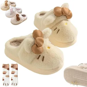 Women's Cute Cartoon Embroidery Bow Decor Plush Slippers, Adorable Fuzzy Cozy Cat Plush Slipper, Winter Warm Soft Cozy Fuzzy Indoor Thick Cotton Slippers