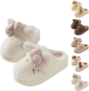 Women's Cute Cartoon Embroidery Bow Decor Plush Slippers,Adorable Fuzzy Cozy Cat Plush Slipper，Fuzzy Cozy Dual-Wear Design.