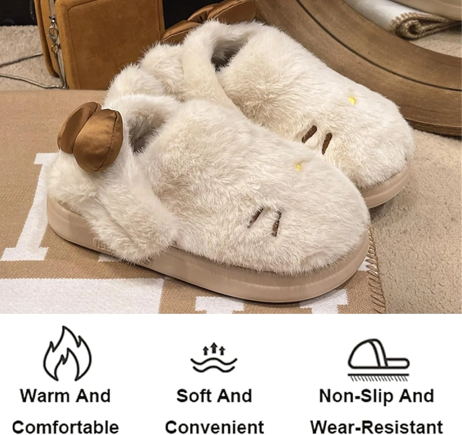 Women's Cute Cartoon Embroidery Bow Decor Plush Slippers,Adorable Fuzzy Cozy Cat Plush Slipper，Fuzzy Cozy Dual-Wear Design.