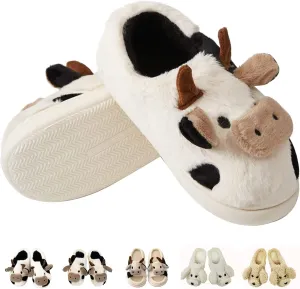 Women's Cute Cow Plush Slippers, Fuzzy Warm Animal Indoor/Outdoor Slides