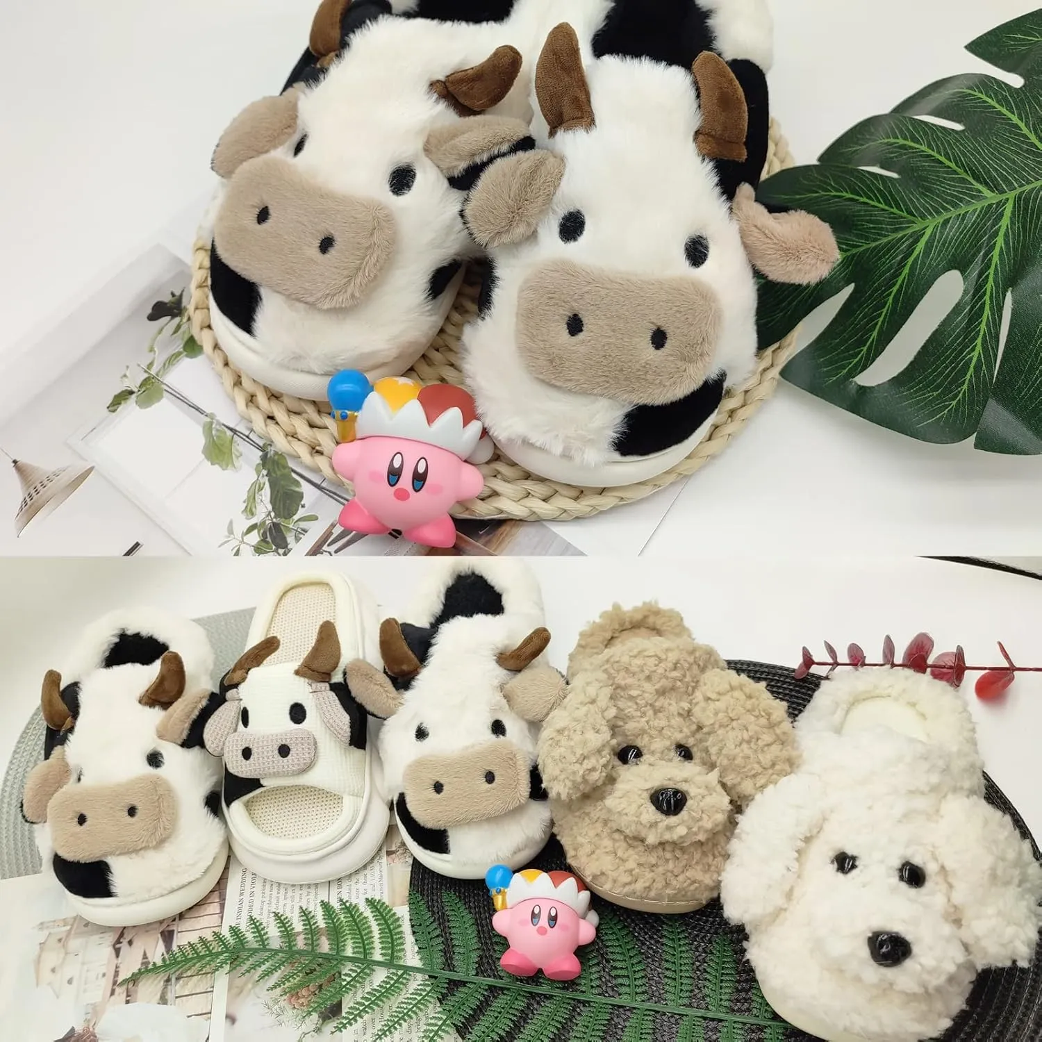 Women's Cute Cow Plush Slippers, Fuzzy Warm Animal Indoor/Outdoor Slides