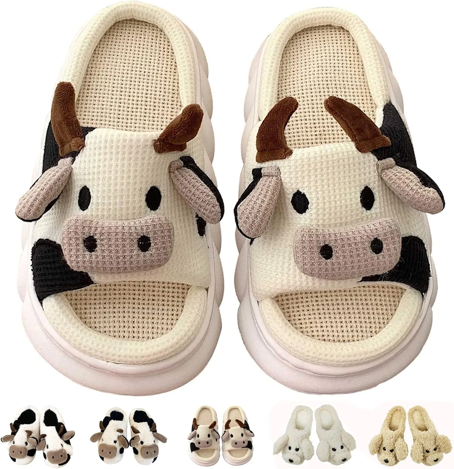 Women's Cute Cow Plush Slippers, Fuzzy Warm Animal Indoor/Outdoor Slides