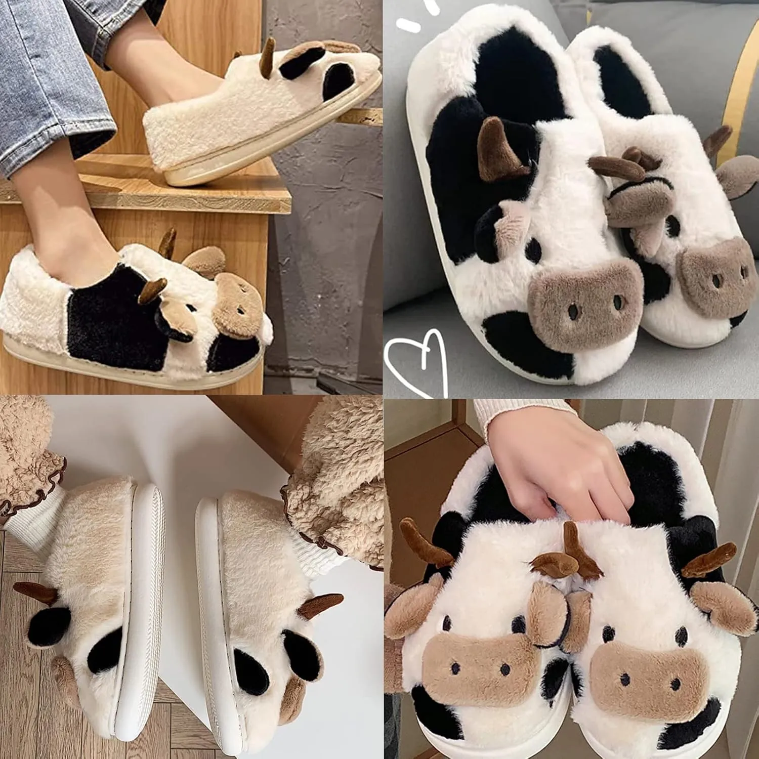 Women's Cute Cow Plush Slippers, Fuzzy Warm Animal Indoor/Outdoor Slides