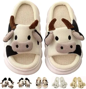 Women's Cute Cow Plush Slippers, Fuzzy Warm Animal Indoor/Outdoor Slides