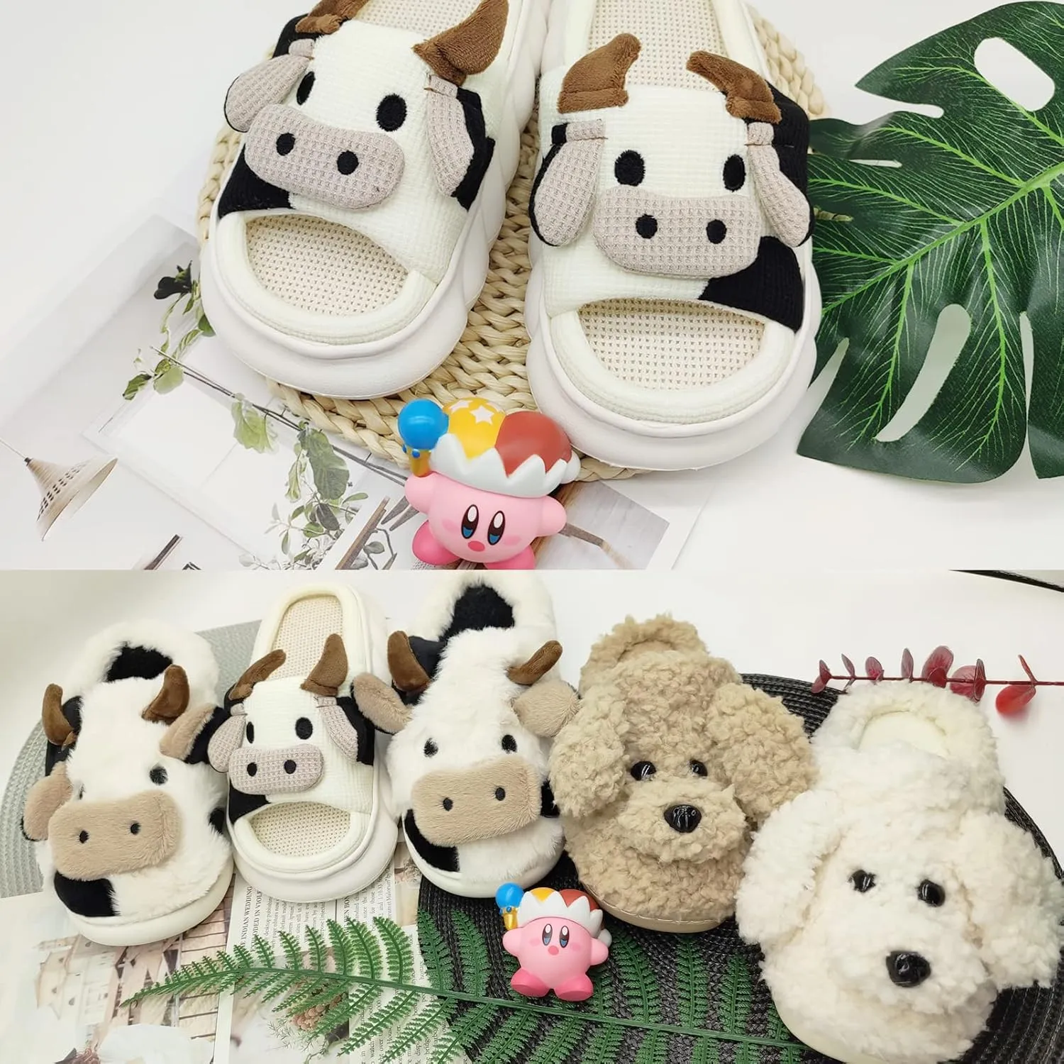 Women's Cute Cow Plush Slippers, Fuzzy Warm Animal Indoor/Outdoor Slides