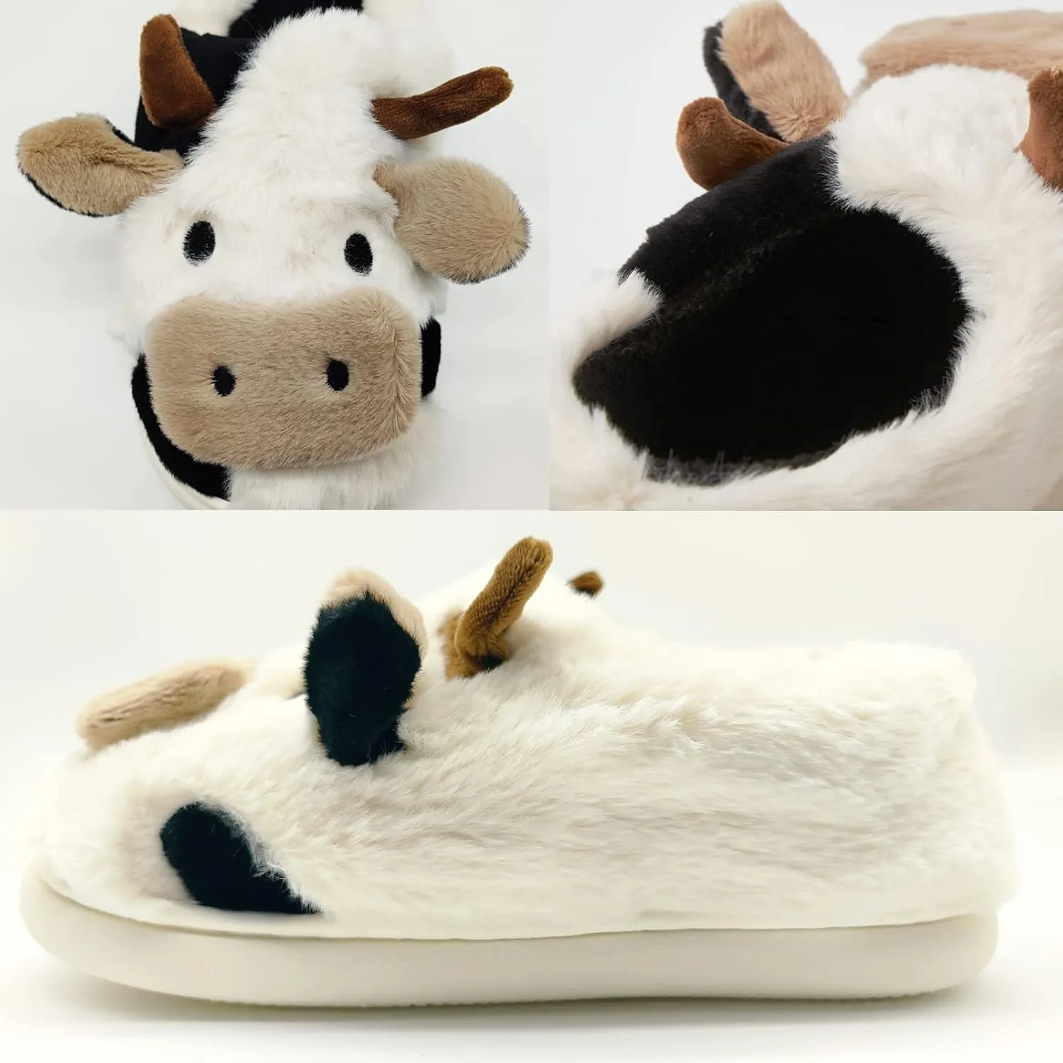 Women's Cute Cow Plush Slippers, Fuzzy Warm Animal Indoor/Outdoor Slides