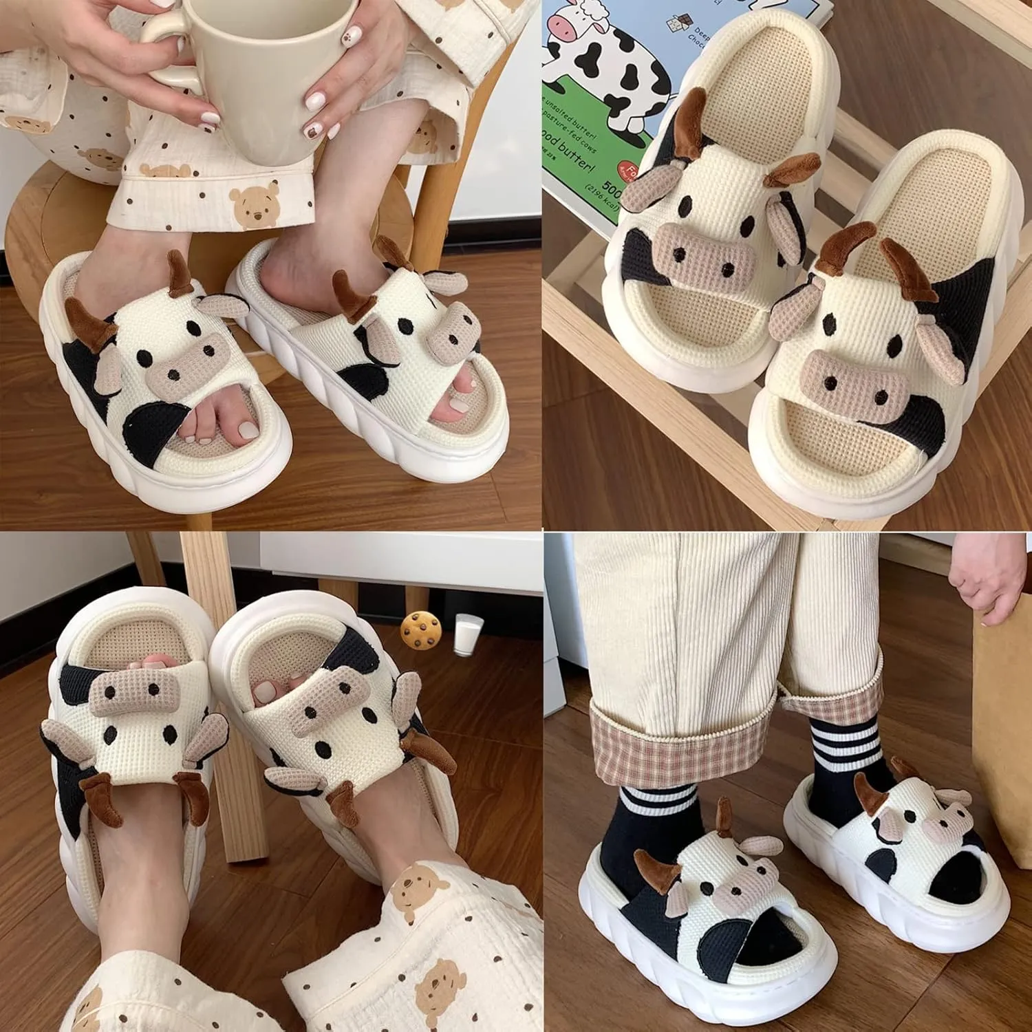 Women's Cute Cow Plush Slippers, Fuzzy Warm Animal Indoor/Outdoor Slides