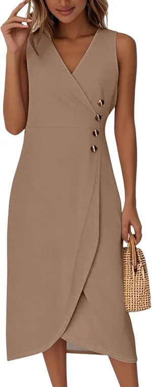 Women's Elegant Sleeveless Wrap Midi Casual Summer Dress with Button Detail for Parties,Work and Daily Wear