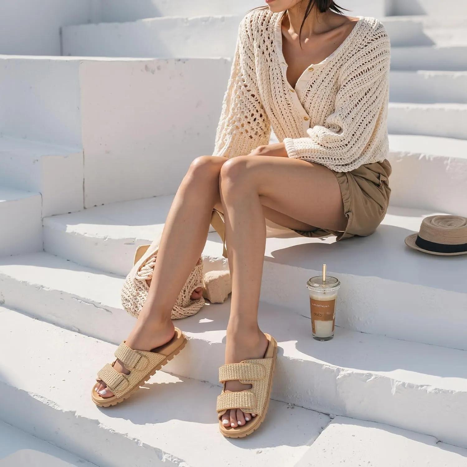 Womens Espadrilles Slide Sandals Hook and Loop Slip-on Straw Raffia Flat Sandals for Women Woven Slides Comfortable Beach Flats