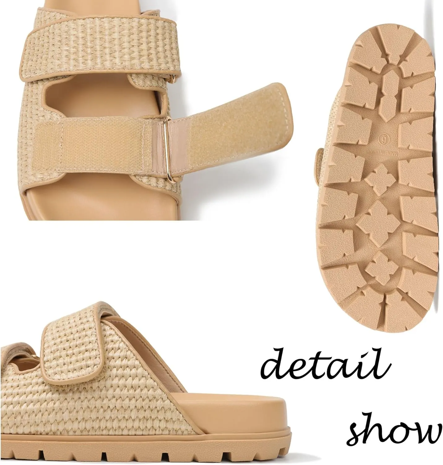 Womens Espadrilles Slide Sandals Hook and Loop Slip-on Straw Raffia Flat Sandals for Women Woven Slides Comfortable Beach Flats