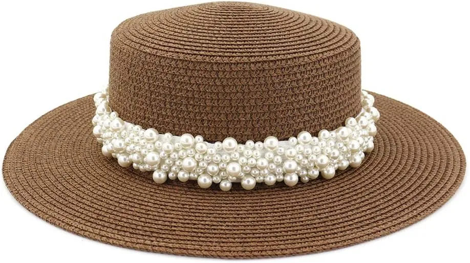 Womens Flat Top Straw Hat Wide Brim Floppy Fedora Summer Beach Sun Hat Sunshade Ladies Sun Hat
