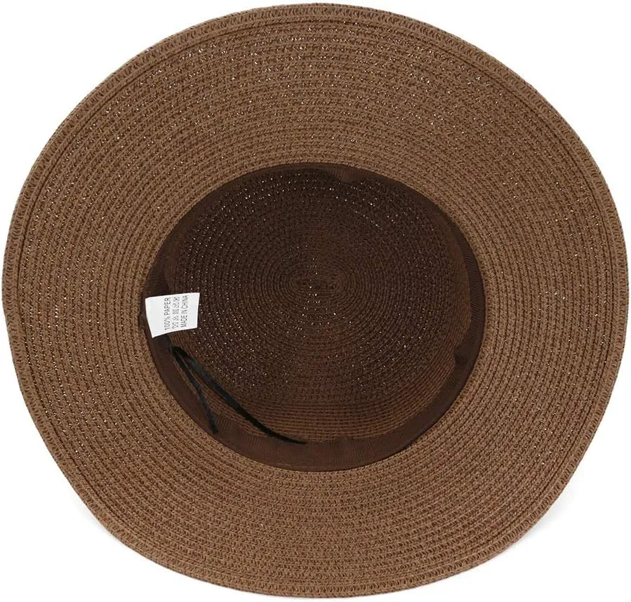 Womens Flat Top Straw Hat Wide Brim Floppy Fedora Summer Beach Sun Hat Sunshade Ladies Sun Hat