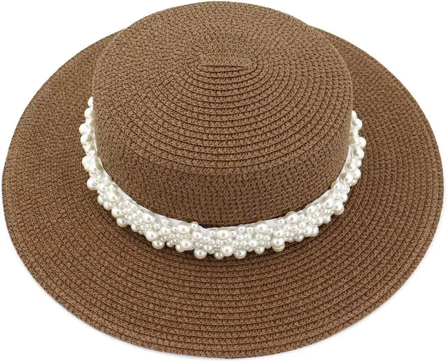 Womens Flat Top Straw Hat Wide Brim Floppy Fedora Summer Beach Sun Hat Sunshade Ladies Sun Hat