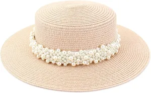Womens Flat Top Straw Hat Wide Brim Floppy Fedora Summer Beach Sun Hat Sunshade Ladies Sun Hat