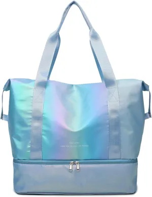 Women's Foldable Travel Duffel Bag, Large Gym Bag with Shoe Compartment, Waterproof Overnight Bag, Lightweight Weekender Bag (Pearlescent Blue)