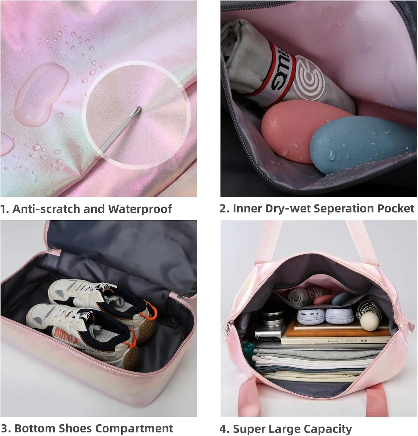 Women's Foldable Travel Duffel Bag, Large Gym Bag with Shoe Compartment, Waterproof Overnight Bag, Lightweight Weekender Bag (Pearlescent Blue)