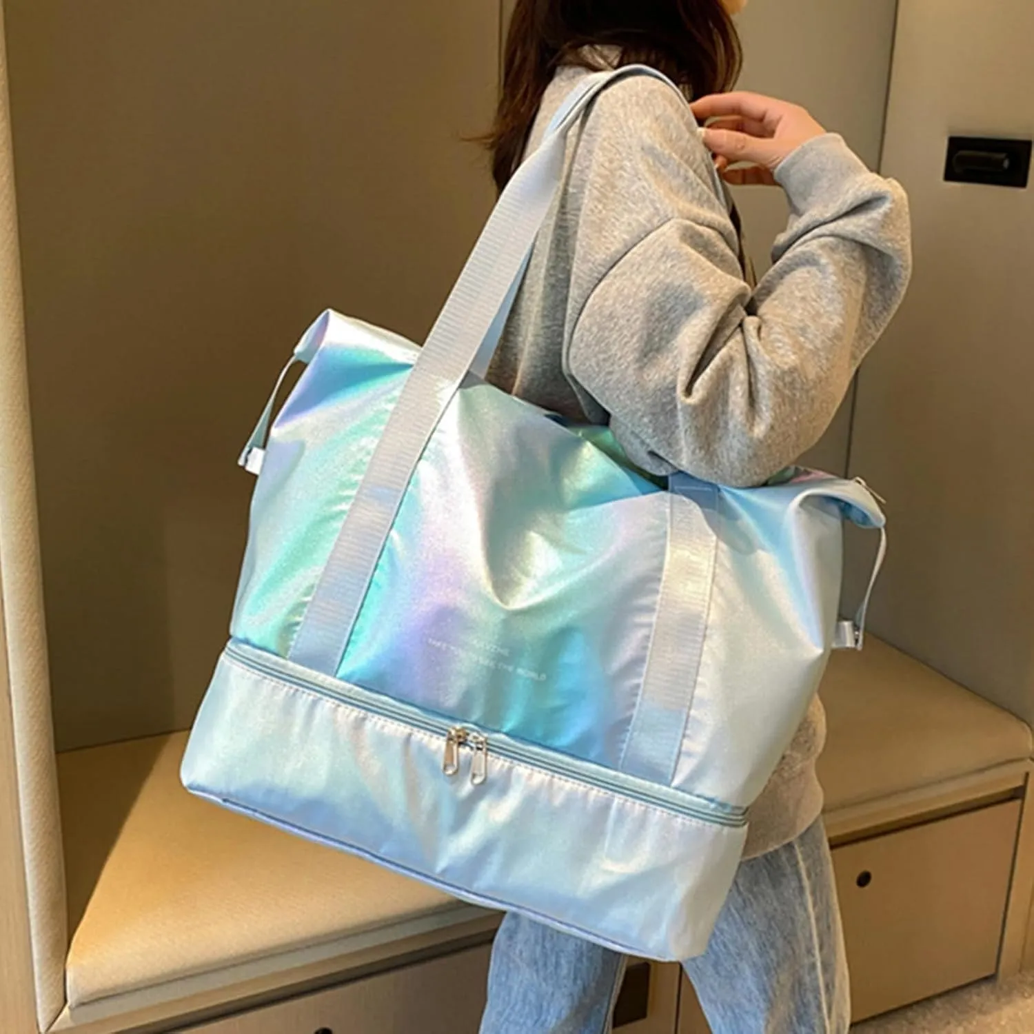 Women's Foldable Travel Duffel Bag, Large Gym Bag with Shoe Compartment, Waterproof Overnight Bag, Lightweight Weekender Bag (Pearlescent Blue)