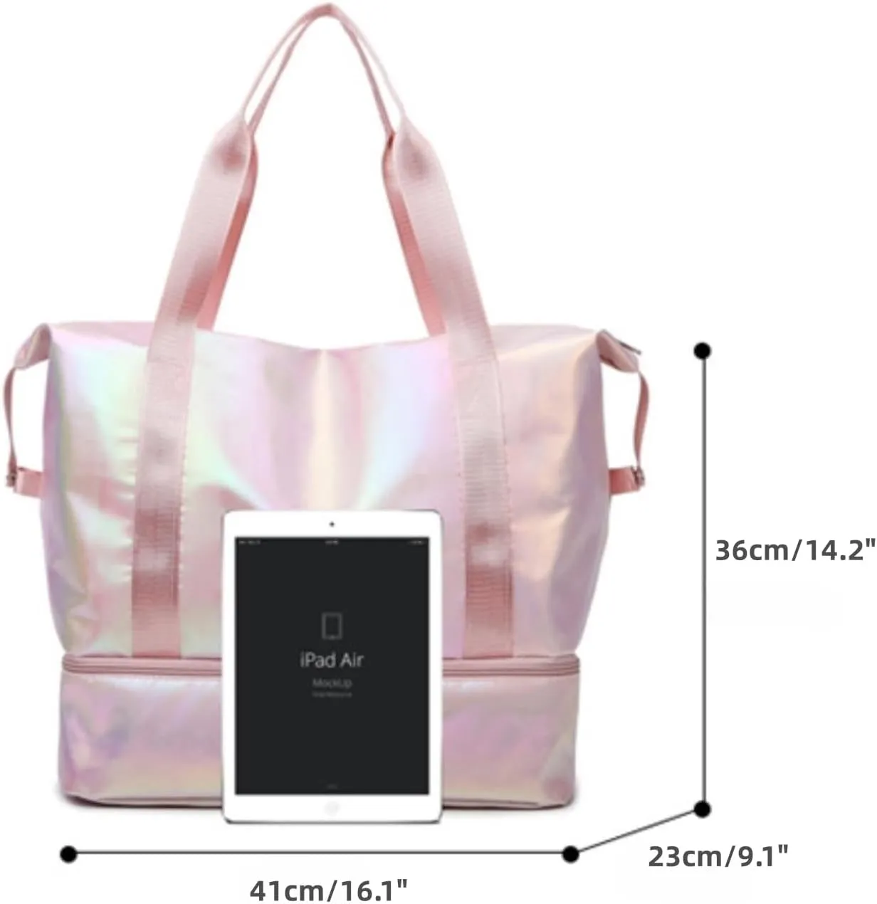 Women's Foldable Travel Duffel Bag, Large Gym Bag with Shoe Compartment, Waterproof Overnight Bag, Lightweight Weekender Bag (Pearlescent Blue)