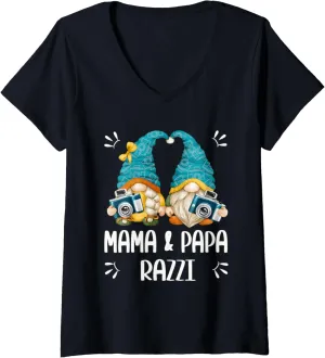 Womens Gnome Mama And Papa Razzi For Mom And Dad Funny Photographer V-Neck T-Shirt