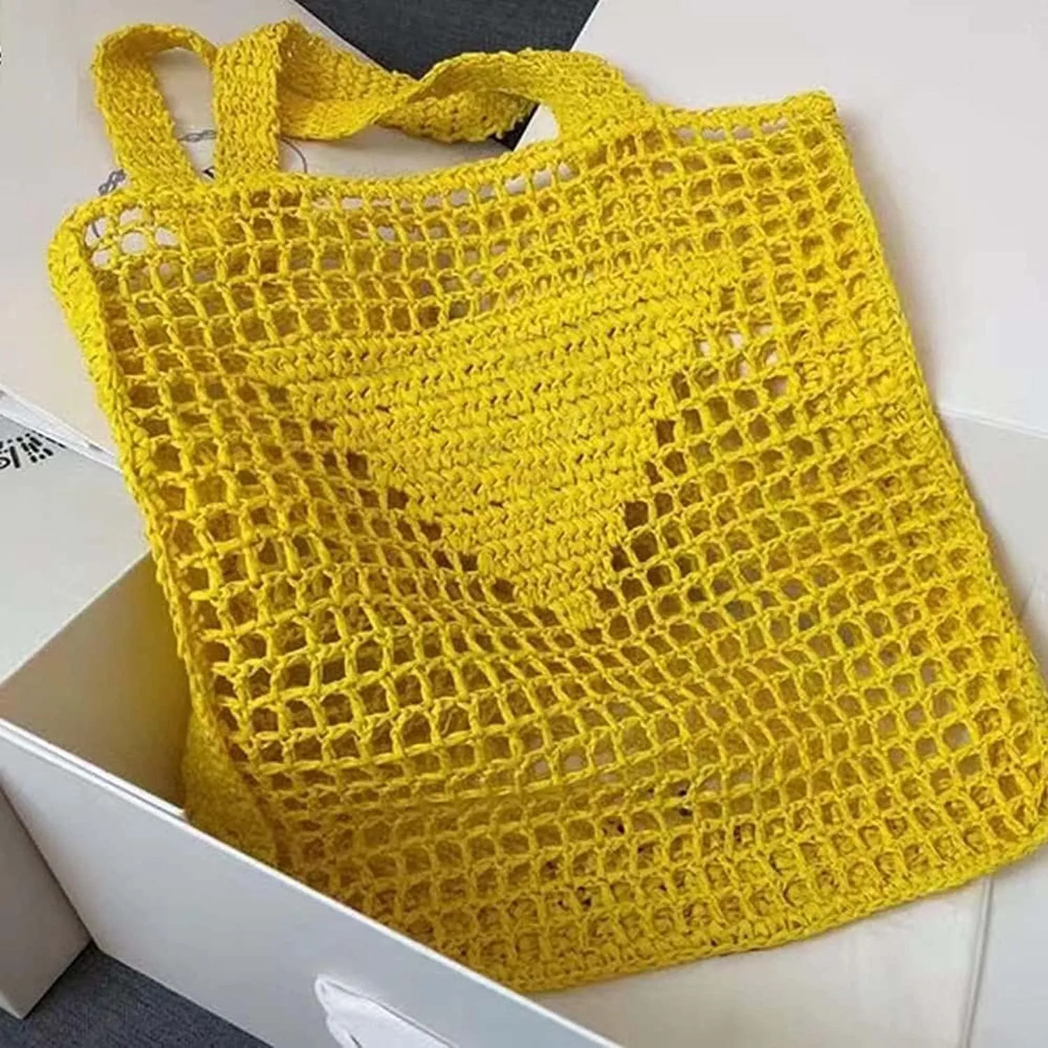 Womens Handmade Straw Bag,Travel Beach Tote Fishing mesh Bag,Straw Woven Beach Bag Weaving Hollow Handbag