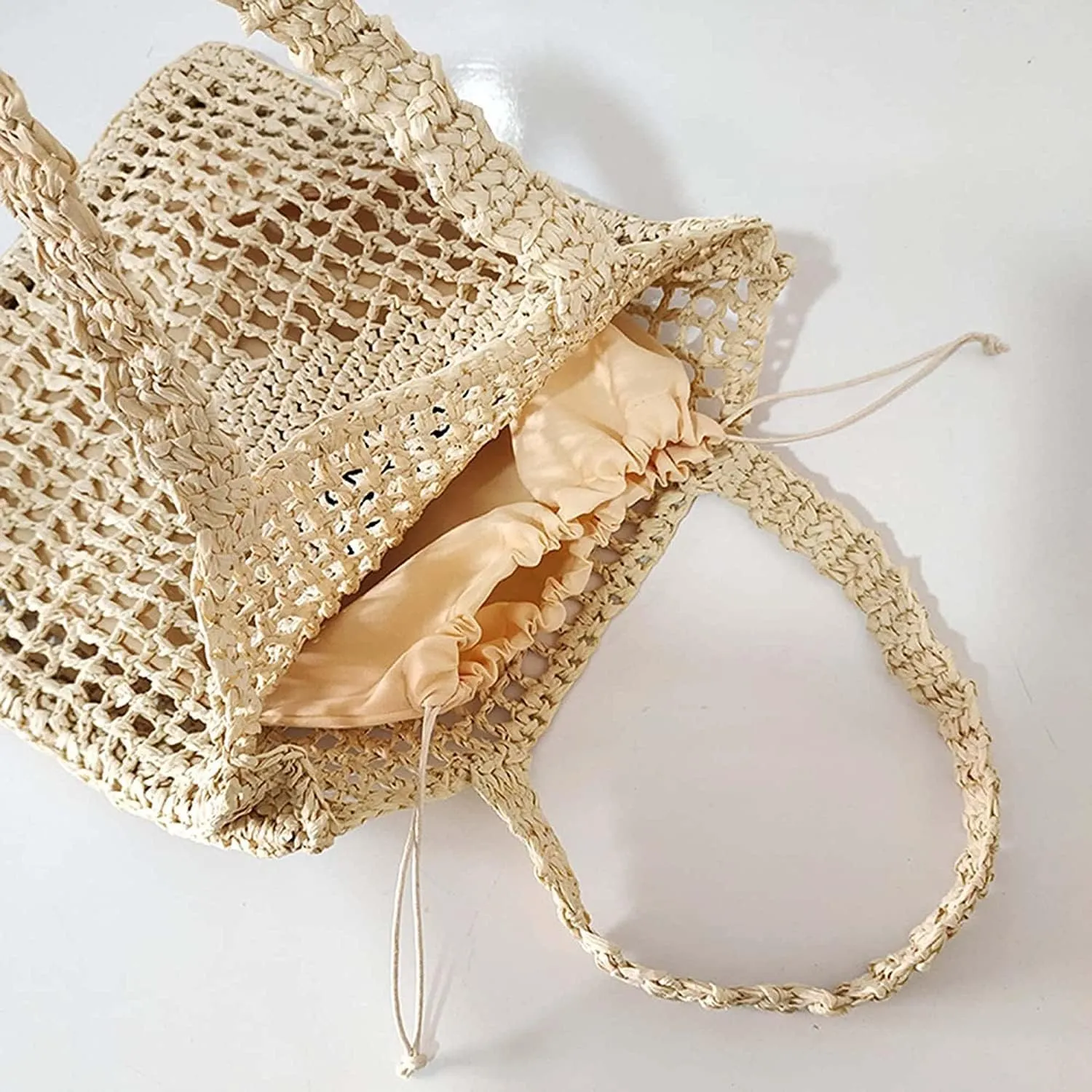Womens Handmade Straw Bag,Travel Beach Tote Fishing mesh Bag,Straw Woven Beach Bag Weaving Hollow Handbag