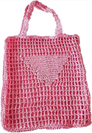 Womens Handmade Straw Bag,Travel Beach Tote Fishing mesh Bag,Straw Woven Beach Bag Weaving Hollow Handbag
