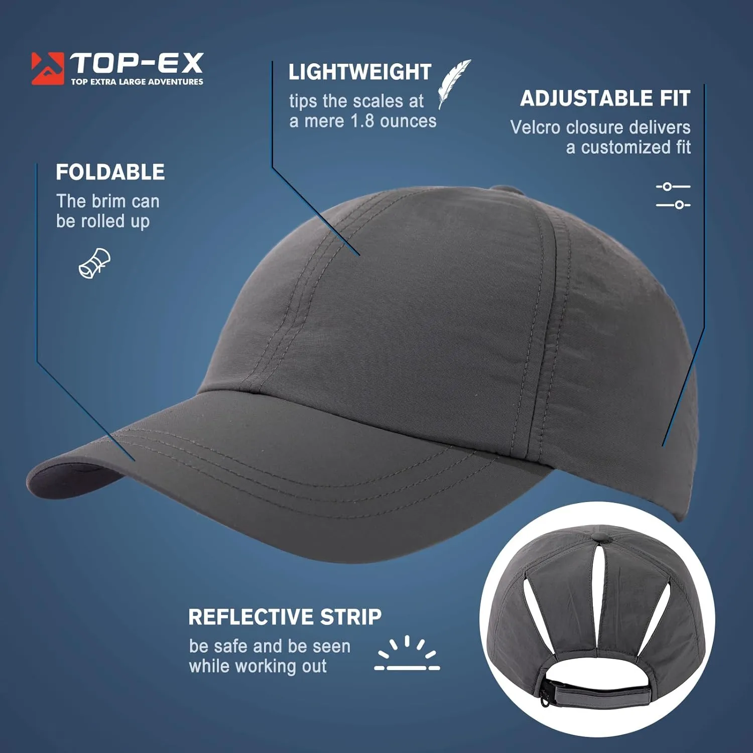Women's High Ponytail Messy Bun Packable Unstructured Baseball Cap Oversized L XL XXL UV 50 Sun Running Hat