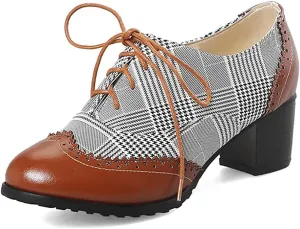 Women's Leather Vintage Oxfords Brogues Lace up Chunky Stacked Mid Heel Pumps Round Toe Dress Shoes