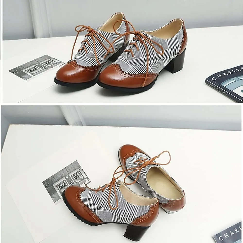 Women's Leather Vintage Oxfords Brogues Lace up Chunky Stacked Mid Heel Pumps Round Toe Dress Shoes