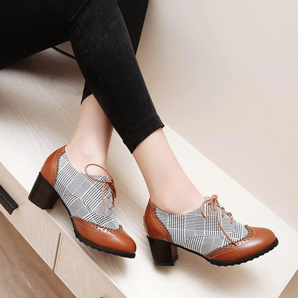 Women's Leather Vintage Oxfords Brogues Lace up Chunky Stacked Mid Heel Pumps Round Toe Dress Shoes