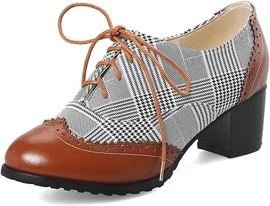 Women's Leather Vintage Oxfords Brogues Lace up Chunky Stacked Mid Heel Pumps Round Toe Dress Shoes