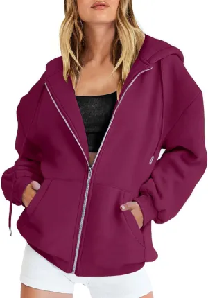 Womens Lightweight Full Zip Up Hoodie Trendy Vacation Outdoor Y2K Streetwear Baggy Cozy Long Sleeve Solid Casual Coat