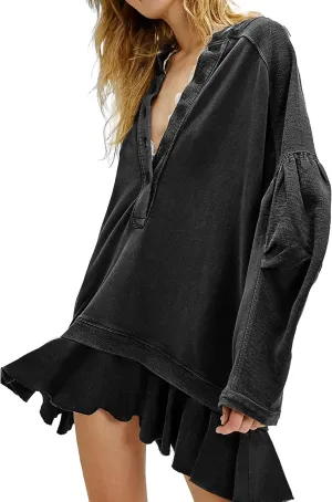Womens Long Sleeve Pullover Sweatshirt Dress Button Down Oversize Fall Mini Dress